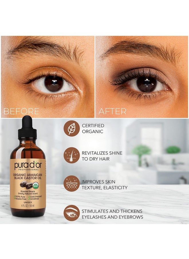 Pura d'or - 4 Oz Organic Jamaican Black Castor Oil Natural Smoky Scent Usda Certified, Pure, Cold Pressed & Roasted, Hexane Free Eyelash Growth Serum 2 Empty Refillable Bonus On The Go Applicators - Image 1