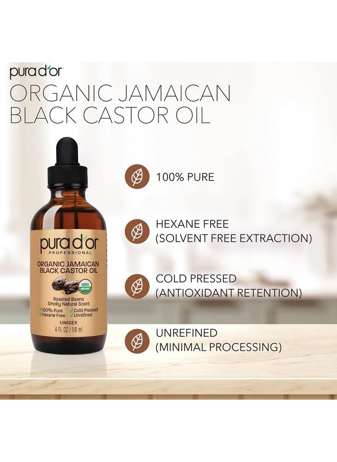 Pura d'or - 4 Oz Organic Jamaican Black Castor Oil Natural Smoky Scent Usda Certified, Pure, Cold Pressed & Roasted, Hexane Free Eyelash Growth Serum 2 Empty Refillable Bonus On The Go Applicators - Image 1