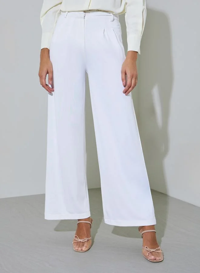ستايلي Cream Wide Leg Full Length Pleated Details Trousers