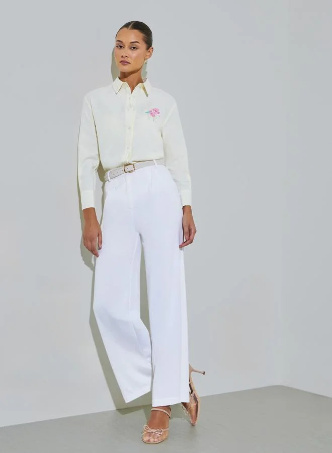 ستايلي Cream Wide Leg Full Length Pleated Details Trousers