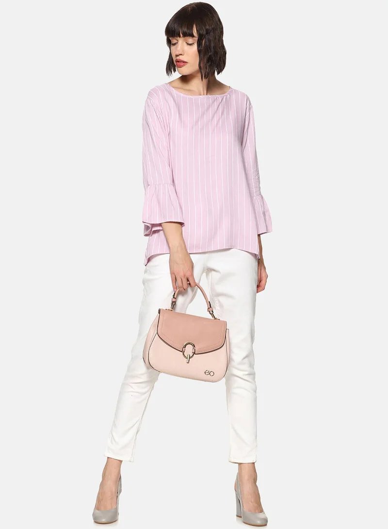 Campus Sutra Women's Rose Pink Pinstriped Relaxed Top