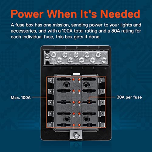 ONLINE LED STORE True Mods 10 Way Blade Fuse Block with Ground Negative Bus bar for Automotive [ATC/ATO Blade Fuses] [100 Amp] [LED] [Protection Cover] [12V - 30V DC] Auto Marine Ground Terminal Fuse Box - Image 3