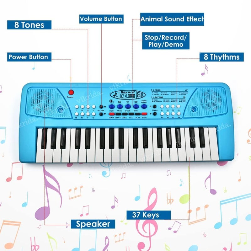 VikriDa 37 Key Piano Keyboard with Recording and Mic with Musical Guitar for Kids, Blue - Image 5