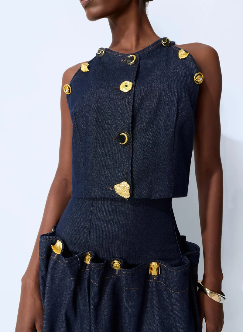 Sunfere  Living the Moment Blue Denim Gold Button Crop Top & Skirt Set for Women | Best Price UAE
