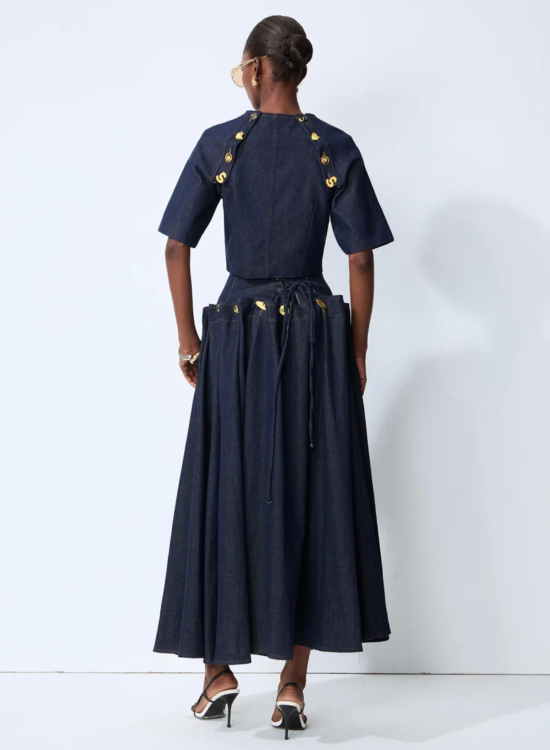 Sunfere  Living the Moment Blue Denim Gold Button Crop Top & Skirt Set for Women | Best Price UAE