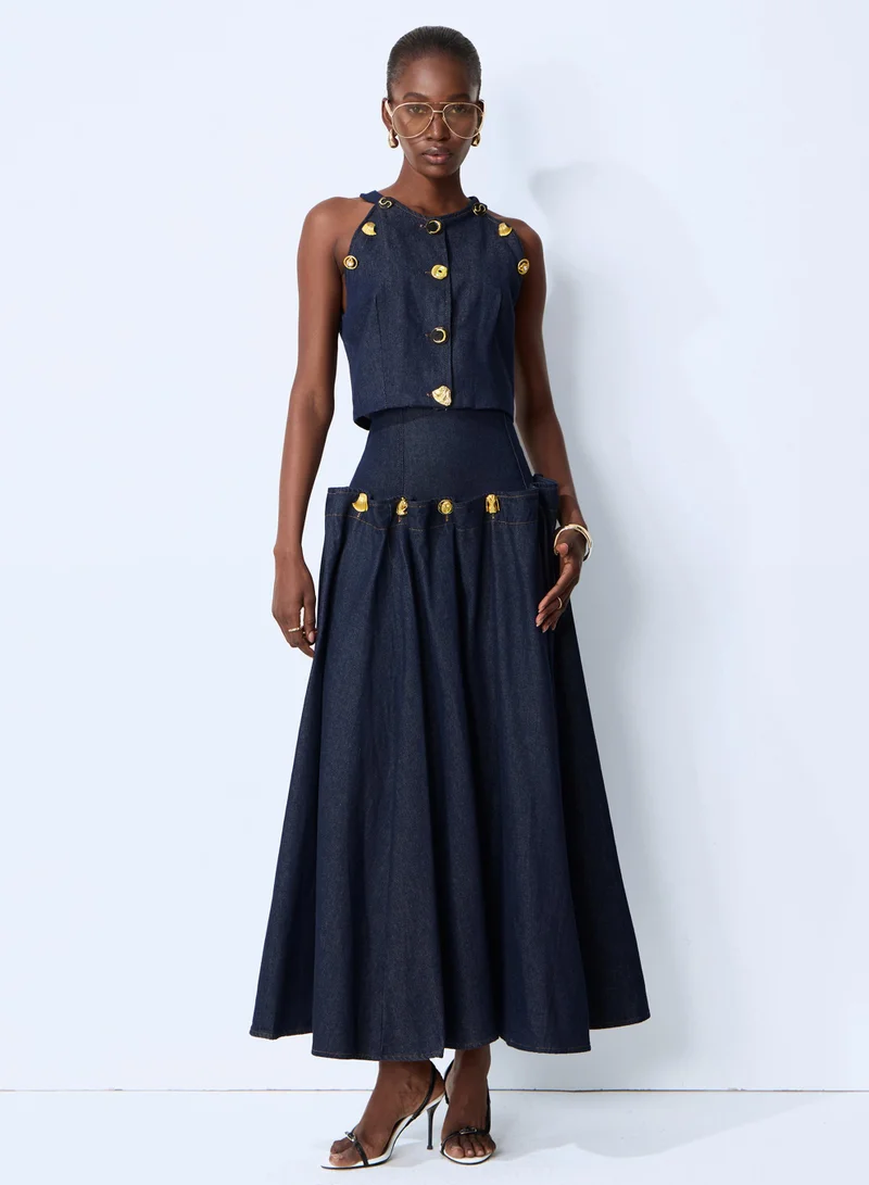 Living the Moment Blue Denim Gold Button Crop Top & Skirt Set