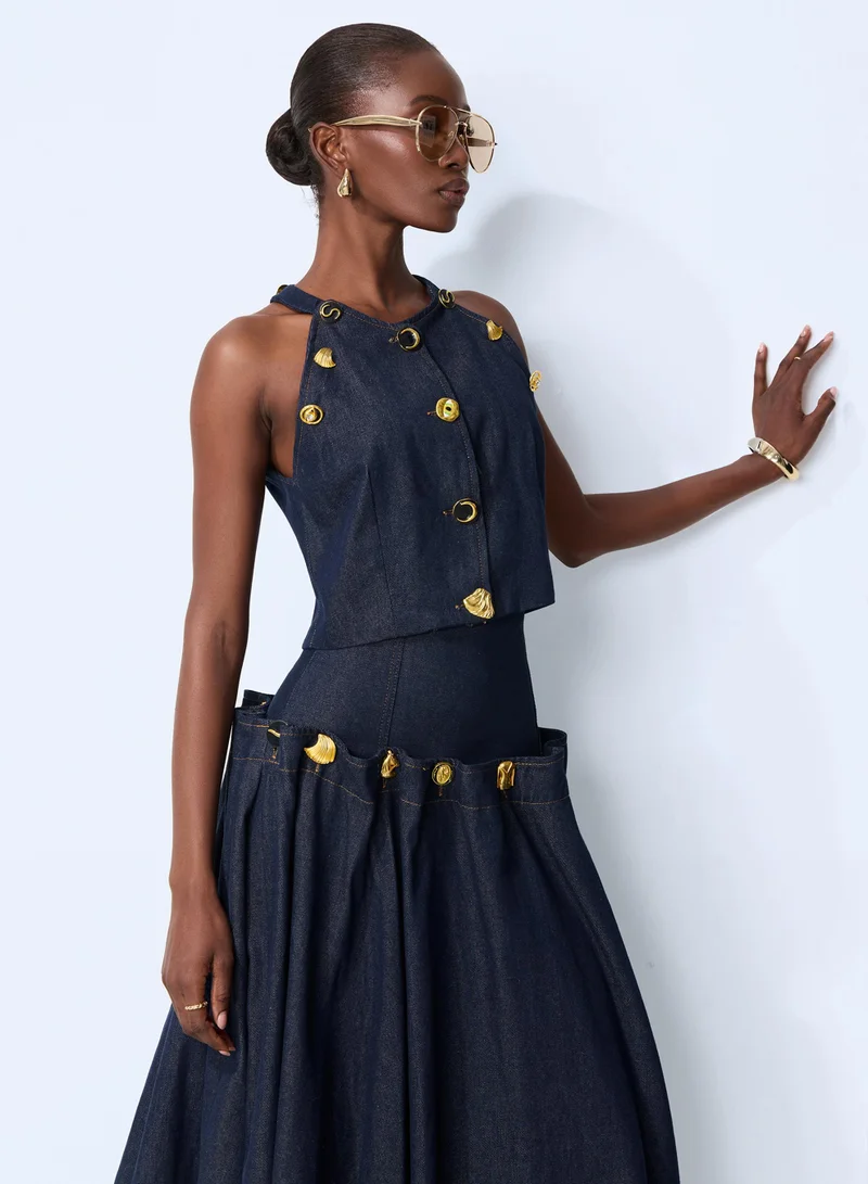 Sunfere  Living the Moment Blue Denim Gold Button Crop Top & Skirt Set for Women | Best Price UAE