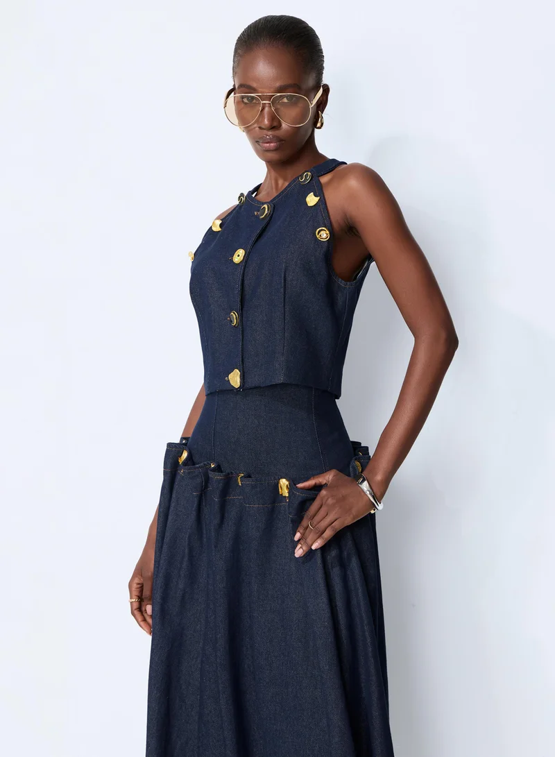 Sunfere  Living the Moment Blue Denim Gold Button Crop Top & Skirt Set for Women | Best Price UAE