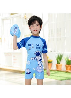 Kids Quick-Dry Swimsuit Full Body Short Sleeve Light Blue Spaceman (swimsuit cap)