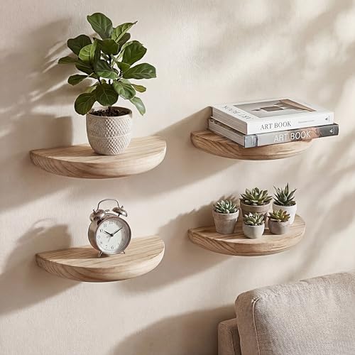 BrightRow 4 Pcs Solid Wood Half Round Floating Wall Shelves, Elegant Small Floating Wooden Shelves, 8.27 Inch Wall Shelf for Living Room, Bathroom, Bedroom, Offices, Pictures Plant Book(Light Brown) - Image 1