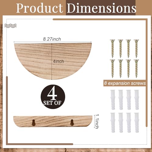 BrightRow 4 Pcs Solid Wood Half Round Floating Wall Shelves, Elegant Small Floating Wooden Shelves, 8.27 Inch Wall Shelf for Living Room, Bathroom, Bedroom, Offices, Pictures Plant Book(Light Brown) - Image 2