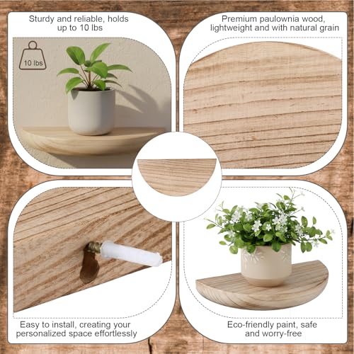 BrightRow 4 Pcs Solid Wood Half Round Floating Wall Shelves, Elegant Small Floating Wooden Shelves, 8.27 Inch Wall Shelf for Living Room, Bathroom, Bedroom, Offices, Pictures Plant Book(Light Brown) - Image 3