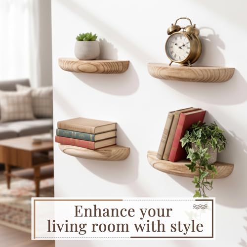 BrightRow 4 Pcs Solid Wood Half Round Floating Wall Shelves, Elegant Small Floating Wooden Shelves, 8.27 Inch Wall Shelf for Living Room, Bathroom, Bedroom, Offices, Pictures Plant Book(Light Brown) - Image 5