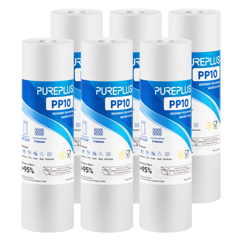 Pure Plus Pureplus 5 Micron 10"" X 2.5"" Whole House Sediment Home Water Filter Cartridge Replacement For Any 10 Inch Ro Unit  Culligan P5  Aqua-Pure Ap110  Dupont Wfpfc5002  Cfs10  Whkf-G05  6Pack - Image 1