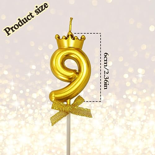 FI - FLICK IN 1 Pc 9 Number Candle for Birthday Cake Metallic Gold Number 9th Birthday Cake Decoration Nine Candle with Crown on Top Cake Topper 0-9 Number Candles for Anniversary (Pack of 1, Gold) - Image 2