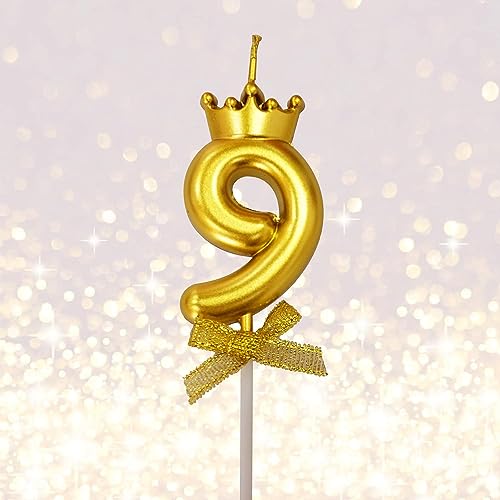 FI - FLICK IN 1 Pc 9 Number Candle for Birthday Cake Metallic Gold Number 9th Birthday Cake Decoration Nine Candle with Crown on Top Cake Topper 0-9 Number Candles for Anniversary (Pack of 1, Gold) - Image 1