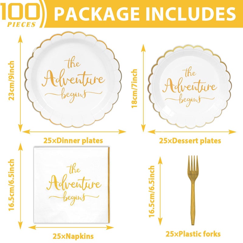 Justforjoyful 100Pcs The Adventure Begins Paper Plates and Napkins Engagement Party Supplies Bridal Shower Party Disposable Dessert Plate Rehearsal Dinner Tableware for 25 Guests Travel Elegant Party Decorations - Image 2