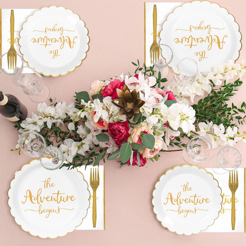 Justforjoyful 100Pcs The Adventure Begins Paper Plates and Napkins Engagement Party Supplies Bridal Shower Party Disposable Dessert Plate Rehearsal Dinner Tableware for 25 Guests Travel Elegant Party Decorations - Image 5