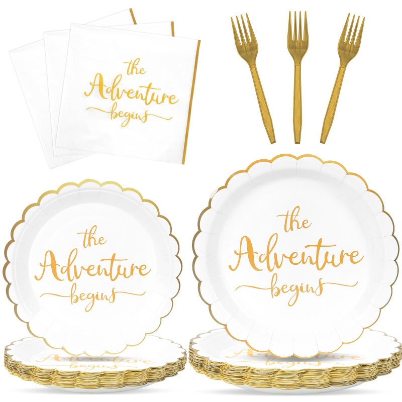 Justforjoyful 100Pcs The Adventure Begins Paper Plates and Napkins Engagement Party Supplies Bridal Shower Party Disposable Dessert Plate Rehearsal Dinner Tableware for 25 Guests Travel Elegant Party Decorations - Image 1