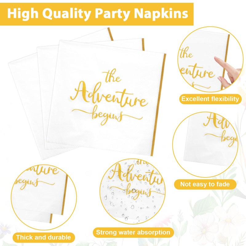 Justforjoyful 100Pcs The Adventure Begins Paper Plates and Napkins Engagement Party Supplies Bridal Shower Party Disposable Dessert Plate Rehearsal Dinner Tableware for 25 Guests Travel Elegant Party Decorations - Image 4