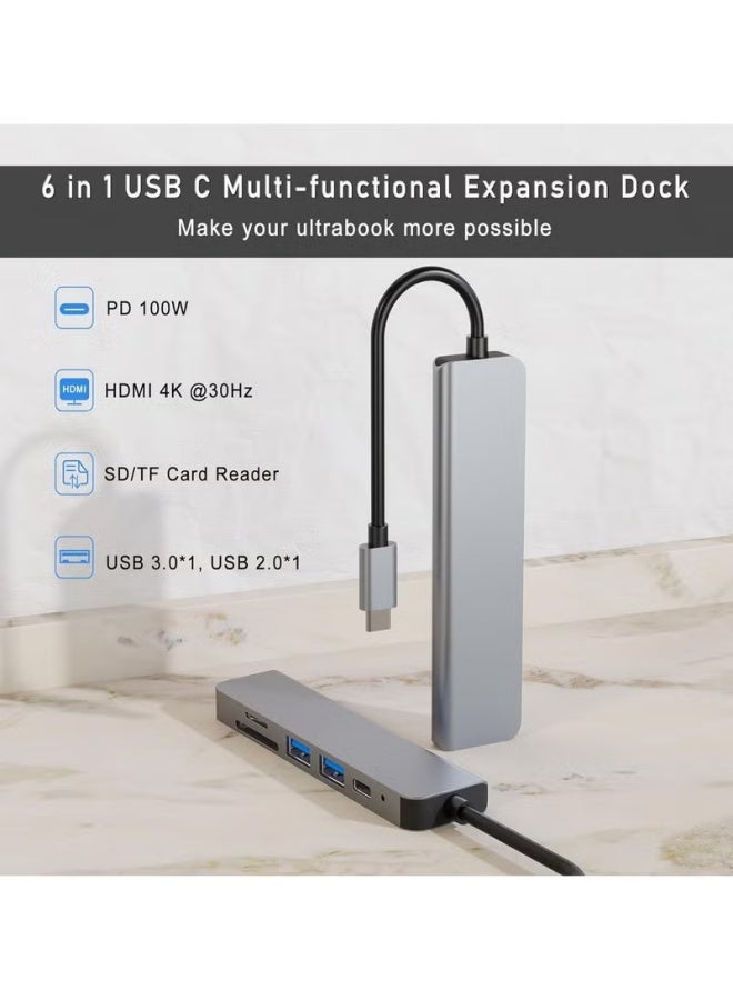 موزع USB C 6 في 1 مع شحن PD 100 وات، محول من النوع C إلى HDMI 4K@30 هرتز، منافذ نقل بيانات USB Hub 3.0 بسرعة 5 جيجابت في الثانية، متوافق مع MacBook Pro/Air 2023 M2/M1، iPad Pro/Air، HP، Dell، ASUS، Lenovo، إلخ - Image 2
