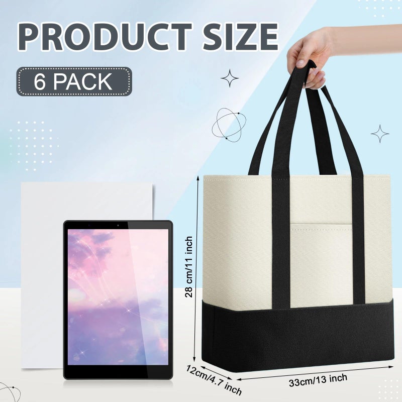 Sanwuta 6 Pcs Canvas Tote Bags Bulk with Outer Pocket Small Sublimation Blank Canvas Tote Reusable Grocery Bag for Women, DIY Craft (Black) - Image 2