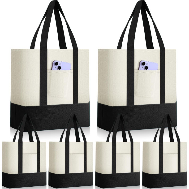 Sanwuta 6 Pcs Canvas Tote Bags Bulk with Outer Pocket Small Sublimation Blank Canvas Tote Reusable Grocery Bag for Women, DIY Craft (Black) - Image 1