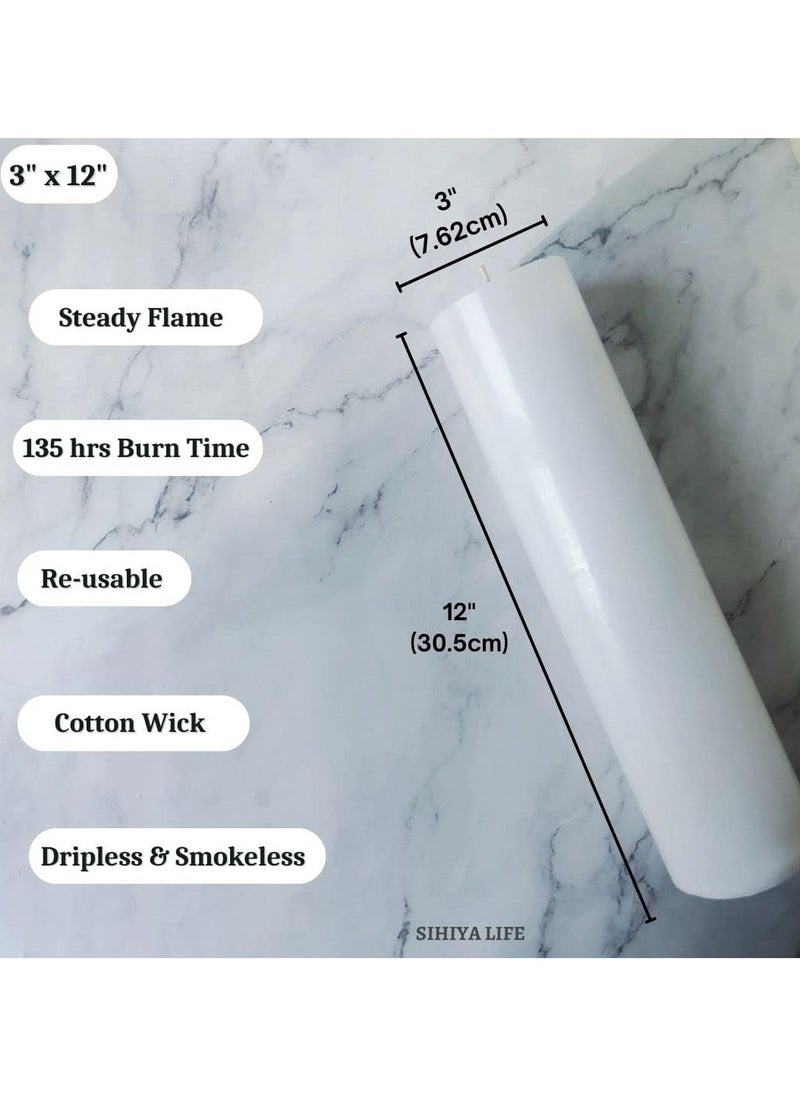 SIHIYA LIFE Set of 2 White Pillar Candles| 3 x 12 inch | Unscented & Dripless Candles for Decor, Events, Restaurants | Natural Wax with Cotton Wicks | 135 hrs/candle Burn Time  - Image 2