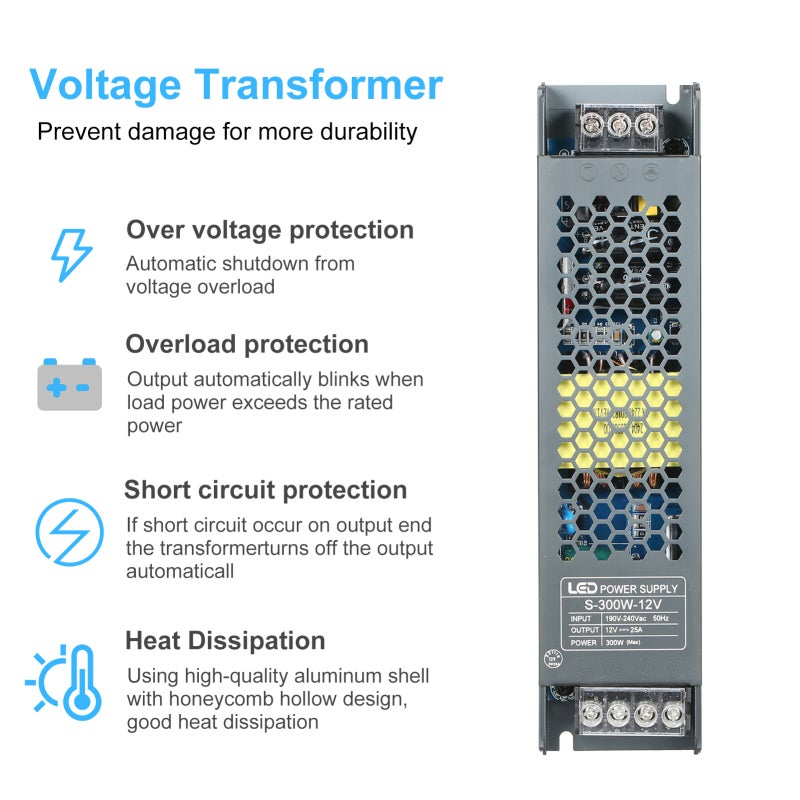 Ultra Thin Power Supply Adapter Transformer 24V 2.5A 60W Aluminum Shell - AC190V-240V to DC Converter Switching Regulated Power Supply for LED Strip Light - Image 5