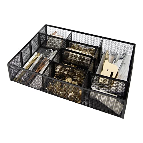 BLU MONACO Desk Drawer Organizer Tray - 12 Adjustable Compartments with 9 Removable Dividers - Black Metal Mesh Office Supplies Organizer, Space-Saving Design - Image 1
