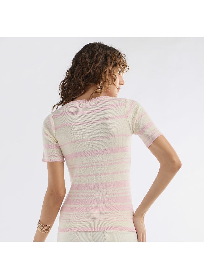 Splash FAV Striped Round Neck T-shirt with Short Sleeves - Image 1
