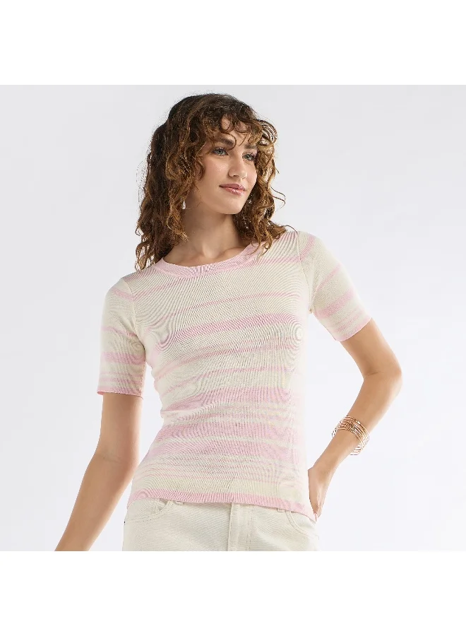 Splash FAV Striped Round Neck T-shirt with Short Sleeves