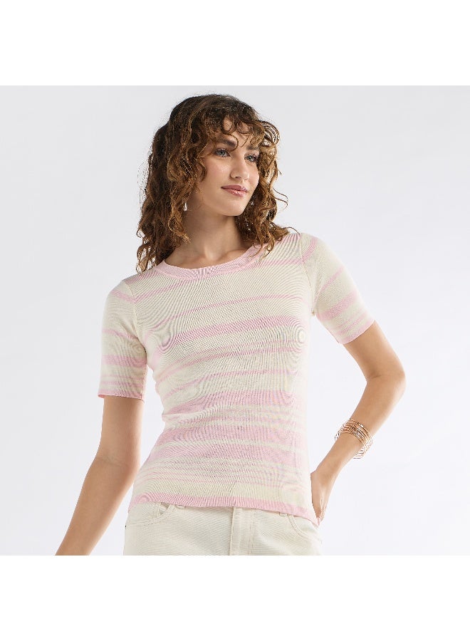 Splash FAV Striped Round Neck T-shirt with Short Sleeves - Image 4