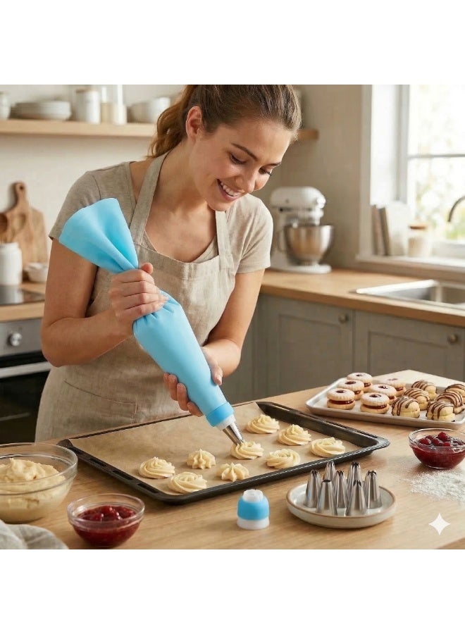 Cake Decorating Kit 10 Pieces, Silicone Piping Bag with 8 Stainless Steel Nozzles and Coupler, Cream Decorating Tools for Cake Cupcake Cookies and Desserts- Baby Blue - Image 4