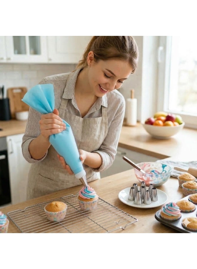 Cake Decorating Kit 10 Pieces, Silicone Piping Bag with 8 Stainless Steel Nozzles and Coupler, Cream Decorating Tools for Cake Cupcake Cookies and Desserts- Baby Blue - Image 5