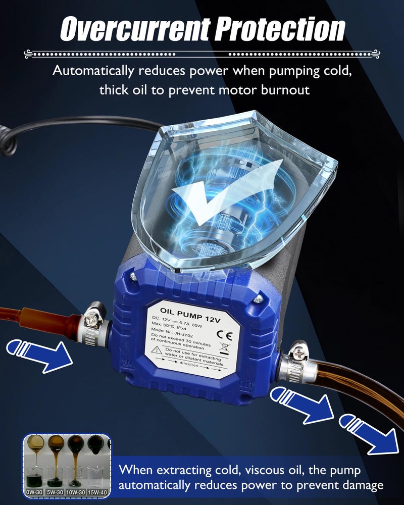FAITIO Oil Extractor Pump 12V 80W, Upgraded Electric Engine Oil Pump w/ Auto Overload, Oil Change Pump for Motor Oil, Gear Oil, Transmission Fluid, Lube, Fluid Transfer Pump for Car, Mower, Marine, Blue - Image 3