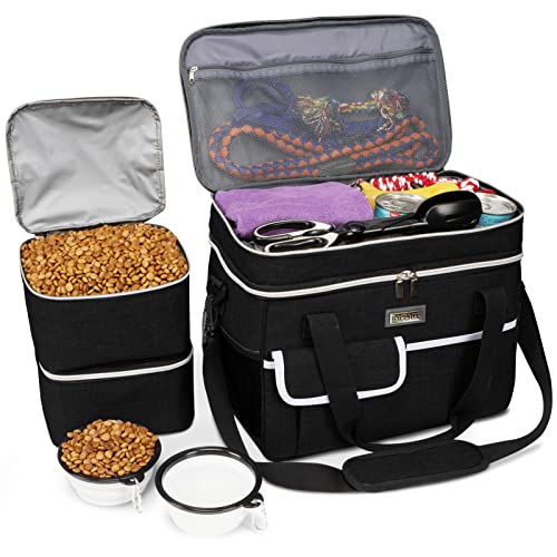 BAGLHER Dog Travel Bag for Supplies - Double-Layer Airline Approved Weekend Pet Travel Organizer Set for Dog and Cat Tote with 2 Pet Food Containers and 2 Collapsible Silicone Bowls Black - Image 1