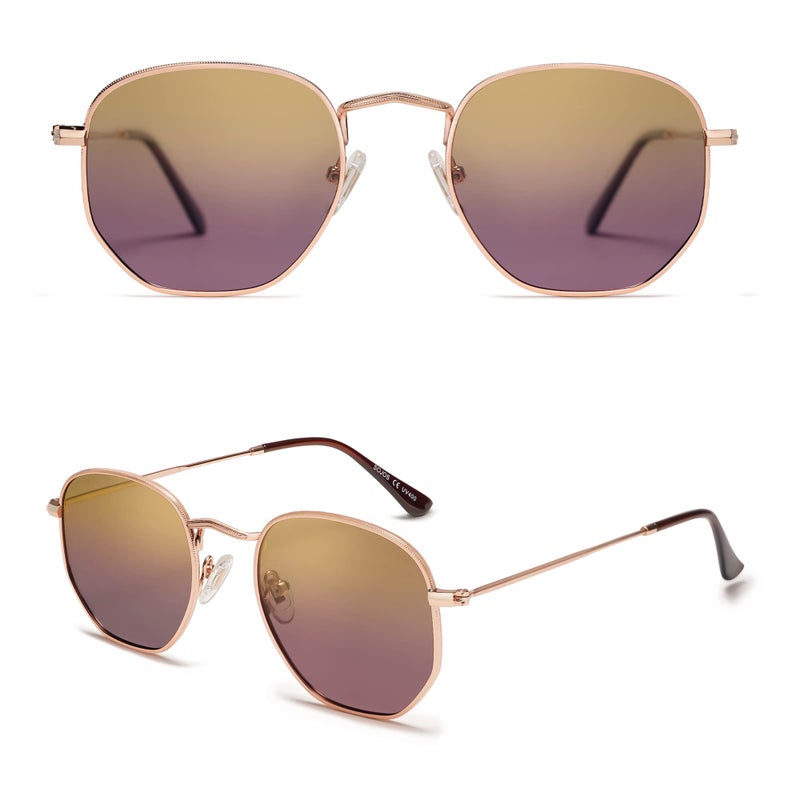 SOJOS Small Square Polarized Sunglasses for Men and Women Polygon Mirrored Lens SJ1072 with Rose Gold Frame/Gold/Purple Lens - Image 2