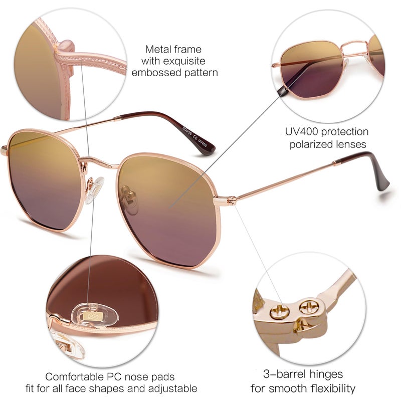 SOJOS Small Square Polarized Sunglasses for Men and Women Polygon Mirrored Lens SJ1072 with Rose Gold Frame/Gold/Purple Lens - Image 4