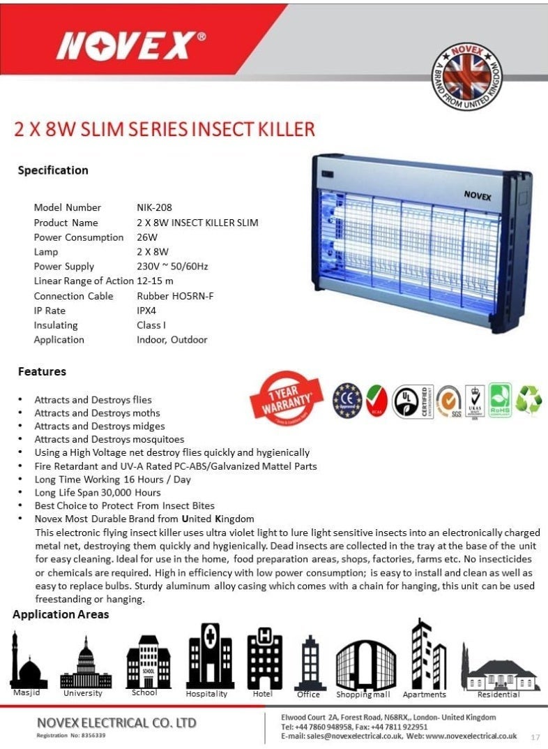 نوفيكس جهاز نوفكس لقتل الحشرات الطائرة – السلسلة النحيفة (NIK-208 | 2×8W) حماية قوية ضد الحشرات الطائرة - Image 3