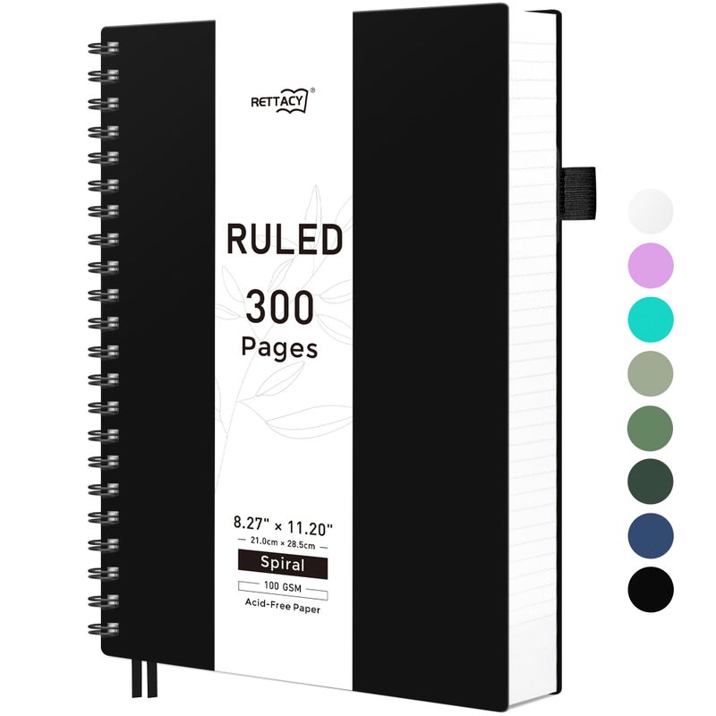 RETTACY Spiral College Ruled Notebook, 300 Pages, A4 Large Size (8.2" x 11.2"), for School, Work, Writing, Journaling, 100 GSM Thick Paper, Flexible Plastic Cover (Black) - Image 1