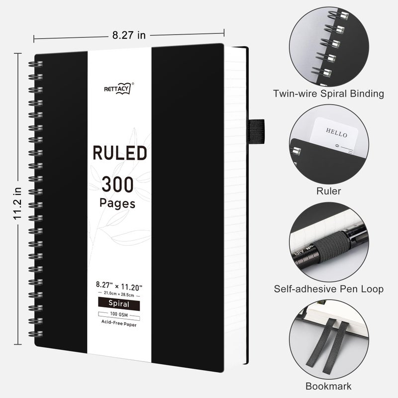 RETTACY Spiral College Ruled Notebook, 300 Pages, A4 Large Size (8.2" x 11.2"), for School, Work, Writing, Journaling, 100 GSM Thick Paper, Flexible Plastic Cover (Black) - Image 2
