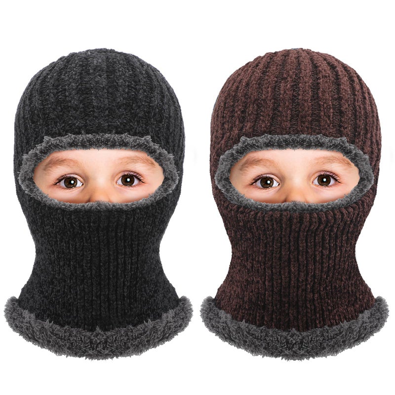 Jeere 2 Pcs Winter Ski Mask for Kids Face Cover Knitted Balaclava Ski Plush Mask for Boys Outdoor Sport Bike Cycling(Black and Brown) - Image 1