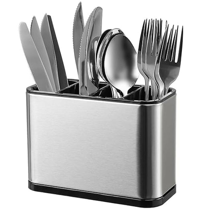 HR MALL STAINLESS STEEL KITCHEN UTENSIL HOLDER DRAINER COOKING CUTLERY HOLDER COUNTERTOP ORGANIZER 4 DIVIDED UTENSIL CADDY COUNTER FOR SPOON FORK SPATULA UTENSIL CROCK HOLDER SILVERWARE CADDY