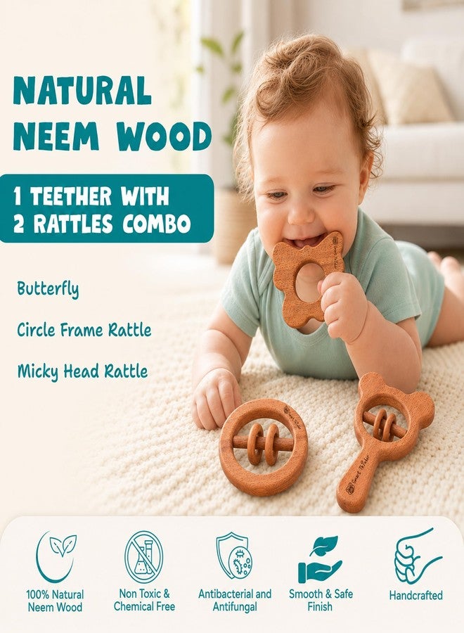 SMARTTHINKER Neem Wood Baby Activity Combo Set | 2 Wooden Rattle Toys with 1 Teether for Newborn Infants & Toddlers | Sensory Play Accessories for Babies 0-12 Months | Pack of 3 (Butterfly + Circle Frame Rattle + Micky Head Rattle) - Image 2