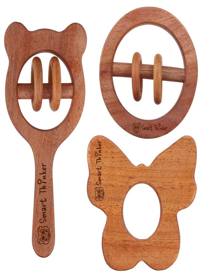 SMARTTHINKER Neem Wood Baby Activity Combo Set | 2 Wooden Rattle Toys with 1 Teether for Newborn Infants & Toddlers | Sensory Play Accessories for Babies 0-12 Months | Pack of 3 (Butterfly + Circle Frame Rattle + Micky Head Rattle) - Image 1