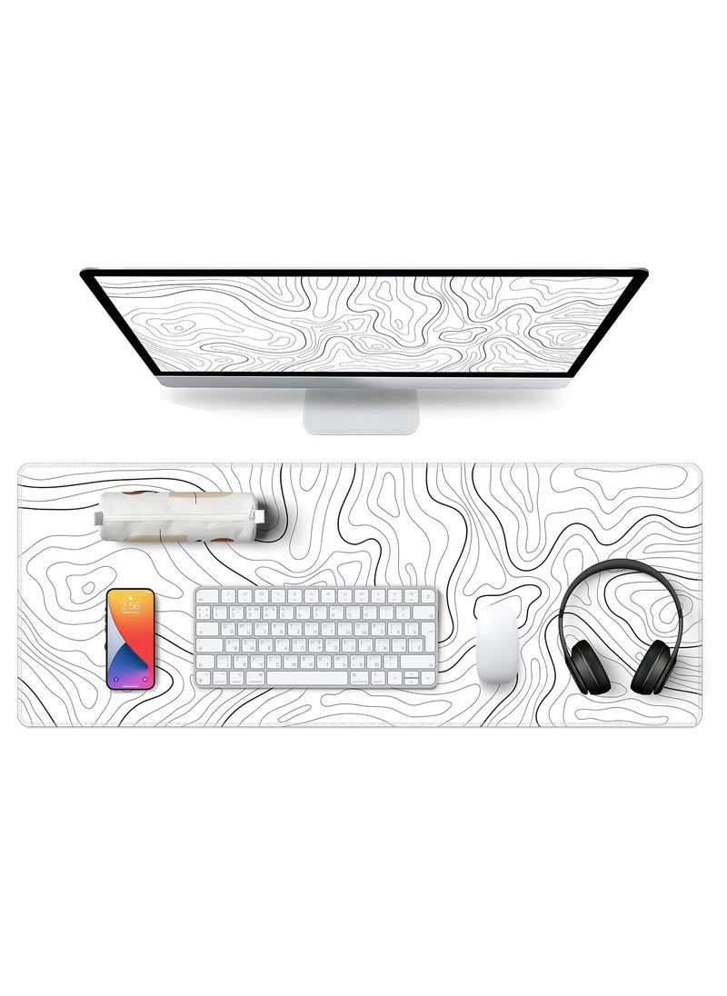 NNEWVANTE - Super Smooth Fabric,Minimalist Desk Mat Topographic Pattern Gaming Mouse Pad Large Desk Pad with Stitched Edges Gaming Mousepad Aesthetic Deskmat, Keyboard Pad for Women Desk 31.5"x11.8" White - Image 1