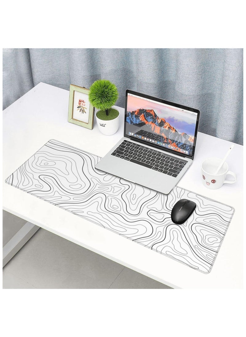 NNEWVANTE - Super Smooth Fabric,Minimalist Desk Mat Topographic Pattern Gaming Mouse Pad Large Desk Pad with Stitched Edges Gaming Mousepad Aesthetic Deskmat, Keyboard Pad for Women Desk 31.5"x11.8" White - Image 1