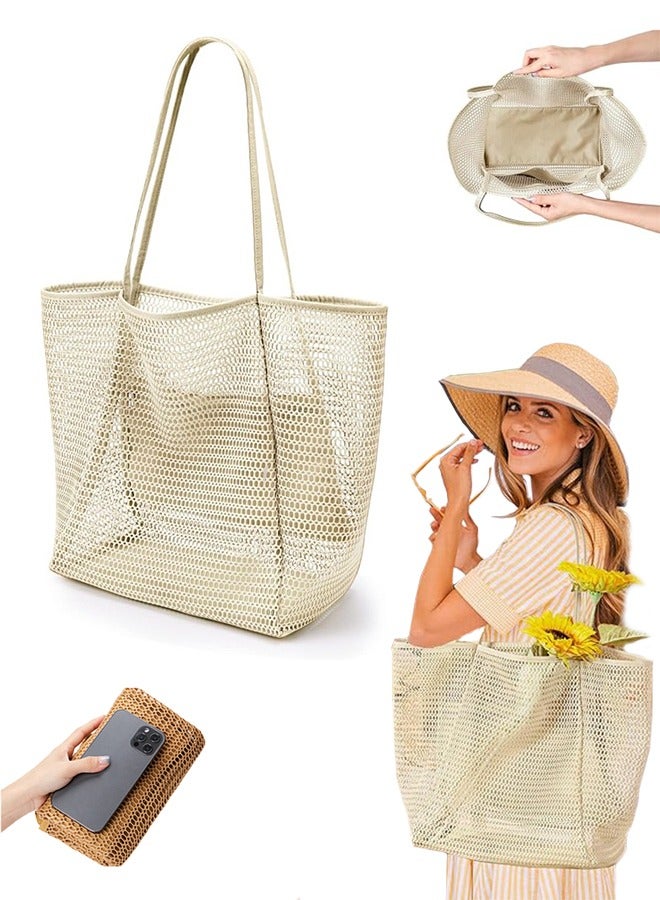 ليمون حقيبة توت شبكية من نايلون الشاطئ، حقيبة توت كاجوال نسائية قابلة للطي، بسعة 23 لترًا كحد أقصى، حقيبة كتف مثالية لرحلات الشاطئ والنزهات. - Image 1