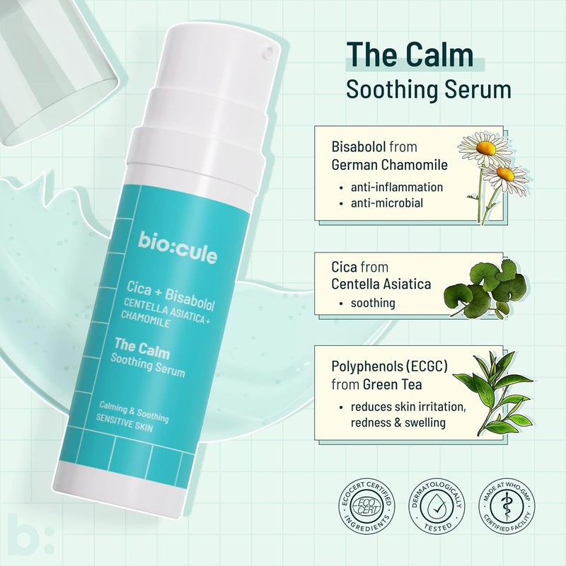 biocule The Calm Soothing Serum Cica  Bisabolol for Skin Soothing  Calming Enriched with Aloe Vera Cucumber  Green Tea Face Serum to Reduce Skin Inflammation  Redness Sensitive Skin 30ml - Image 2